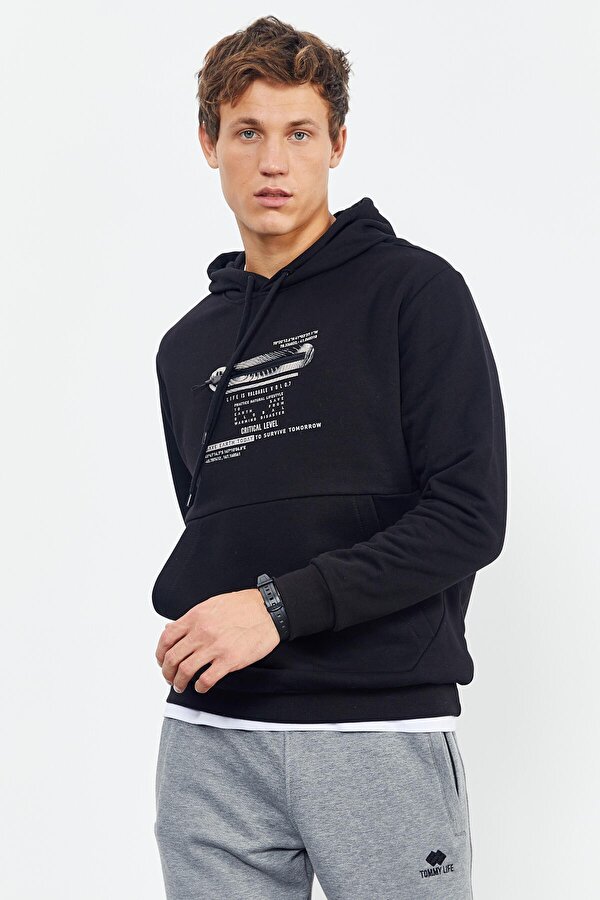 Siyah Baskılı Kapüşonlu Kanguru Cep Rahat Form Erkek Sweatshirt - 88019
