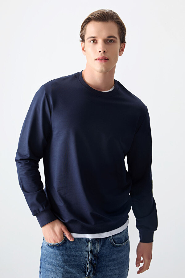İndigo Pamuk Yumuşak Dokulu Standart Fit Basic Erkek Sweatshirt - 88363