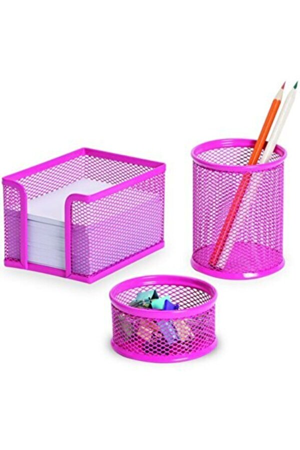 Masa Seti Ataşlık-kağıtlık-kalemlik 3 Lü Metal Perforeli Pembe F0033