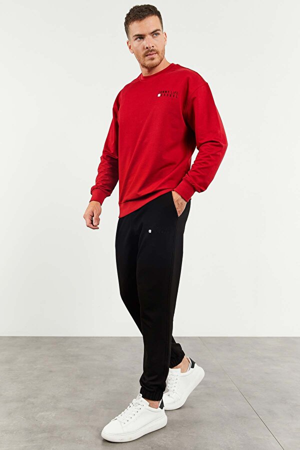 Kırmızı - Siyah Casual O Yaka Lastik Paça Erkek Oversize Eşofman Takımı - 85120