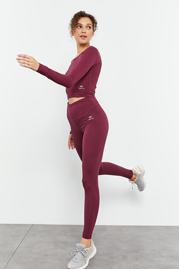 Bordo Yüksek Bel Uzun Kollu Slim Fit Crop Top Kadın Tayt Takım - 95286