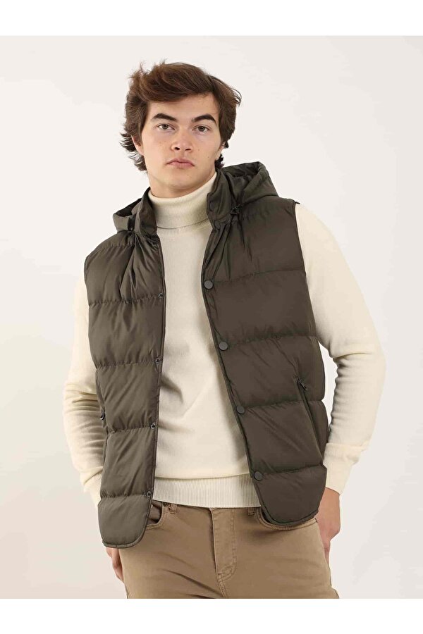 Kahverengi Erkek Regular Fit Düz Kapüşolu Yelek Mont - 96758