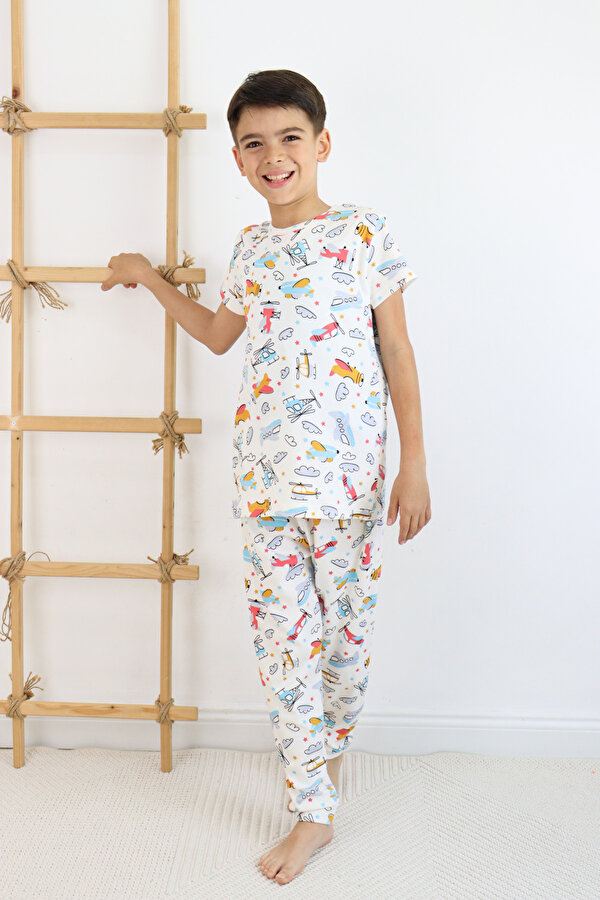 Erkek Çocuk Baskılı Pamuklu Penye Kumaş  Pijama Takımı