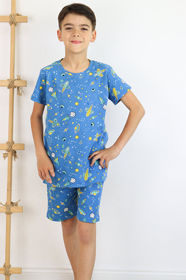 Erkek Çocuk Baskılı Pamuklu Penye Kumaş  Şortlu  Pijama Takımı