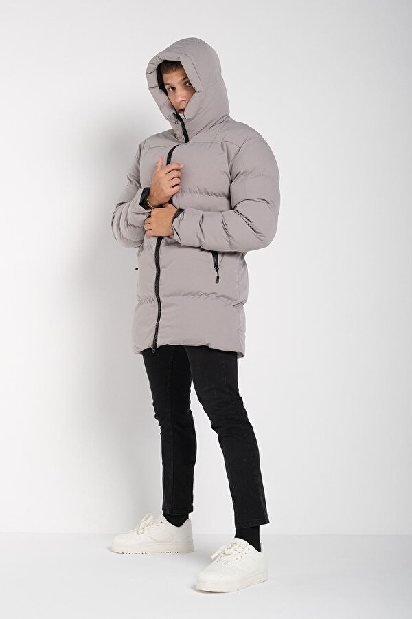 Erkek Regular Fit Uzun Su Geçirmez Şişme Kapüşonlu Mont Waterproof