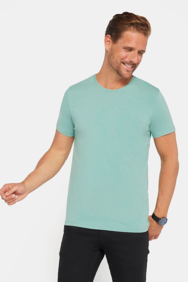 Erkek Slim Fit Dar Kesim Pamuklu Yumuşak Doku Likralı Esnek Kumaş Basic Yeşil Bisiklet Yaka Tişört