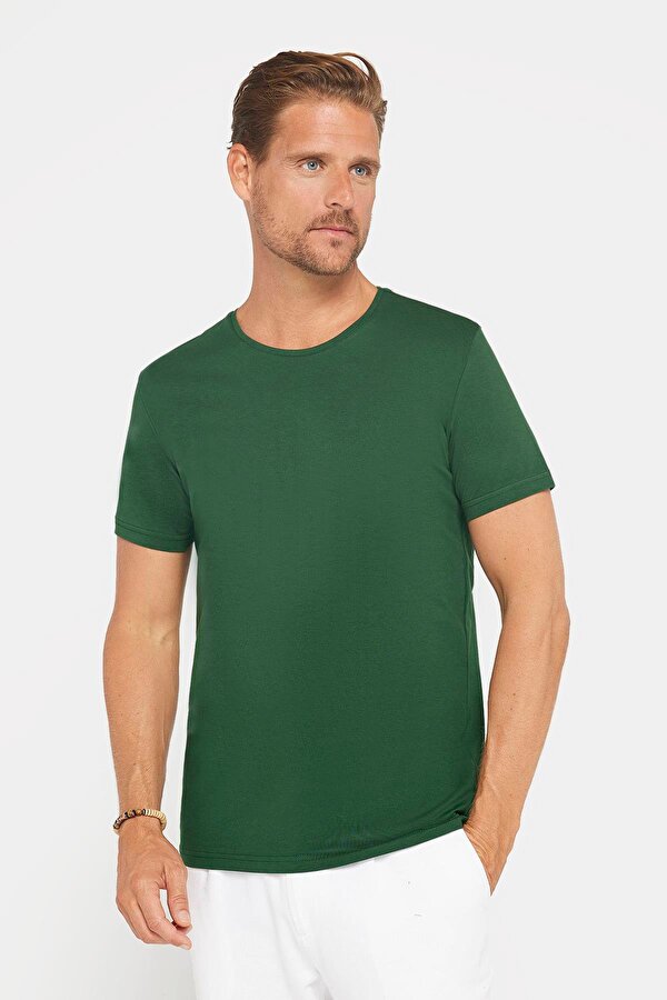 Erkek Slim Fit Dar Kesim Pamuklu Yumuşak Doku Likralı Esnek Kumaş Basic Yeşil Bisiklet Yaka Tişört