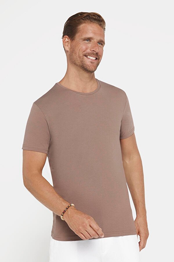 Erkek Slim Fit Dar Kesim Pamuklu Likralı Esnek Kumaş Basic Kahverengi Bisiklet Yaka Tişört