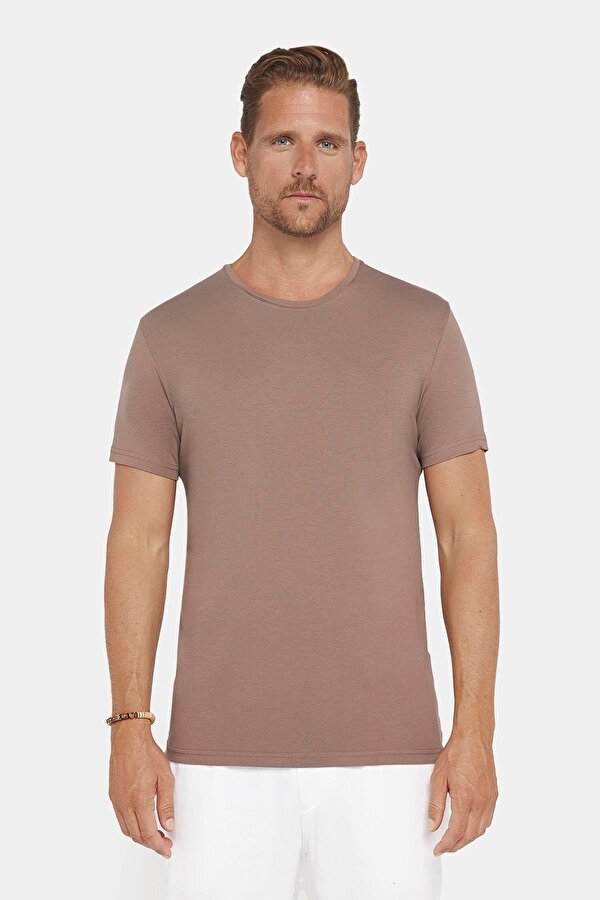 Erkek Slim Fit Dar Kesim Pamuklu Likralı Esnek Kumaş Basic Kahverengi Bisiklet Yaka Tişört