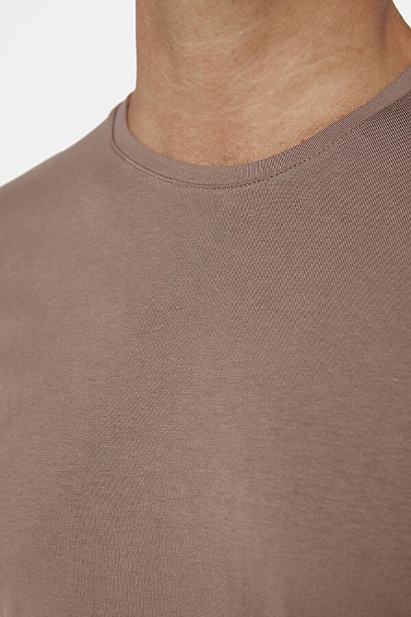 Erkek Slim Fit Dar Kesim Pamuklu Likralı Esnek Kumaş Basic Kahverengi Bisiklet Yaka Tişört