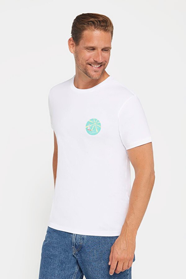 Erkek Slim Fit Dar Kesim %100 Pamuk Yumuşak Dokulu Baskılı Beyaz Bisiklet Yaka Tişört