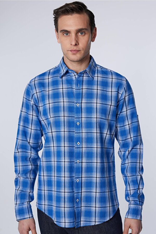 Erkek Slim Fit Dar Kesim Uzun Kollu %100 Pamuk Keten Doku Kareli Gömlek