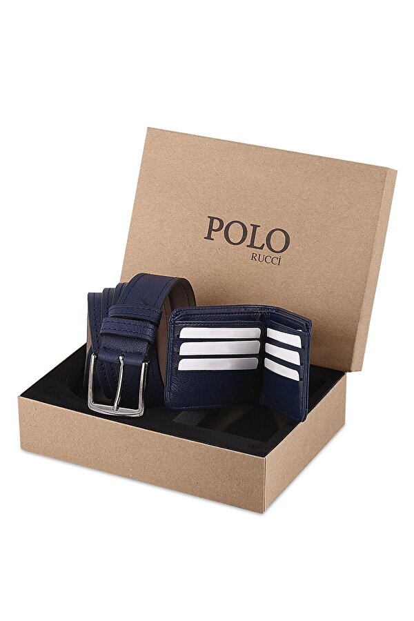 Kutulu Erkek Lacivert Kemer Cüzdan Seti