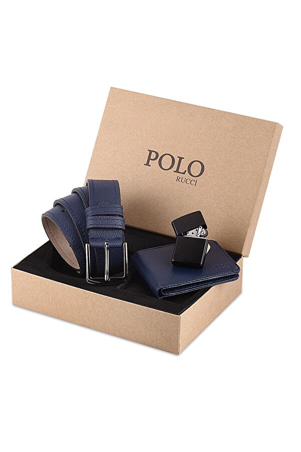 Kutulu Erkek Çakmak Lacivert Kemer Cüzdan Hediye Seti