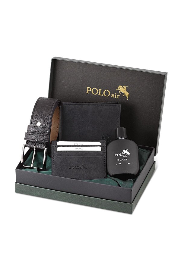 Kutulu Erkek Parfüm Kemer Cüzdan Kartlık Seti Siyah Renk
