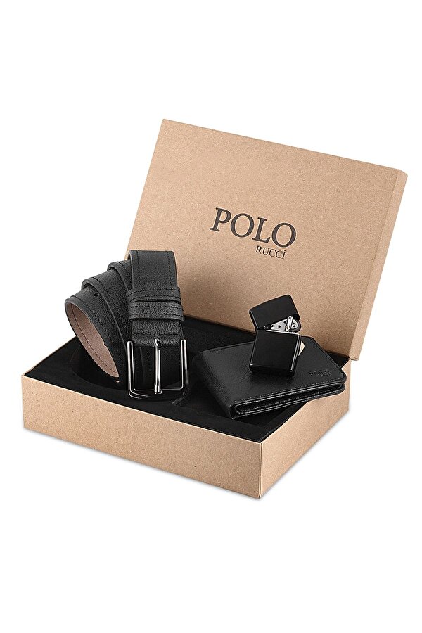 Kutulu Erkek Çakmak Siyah Kemer Cüzdan Hediye Seti