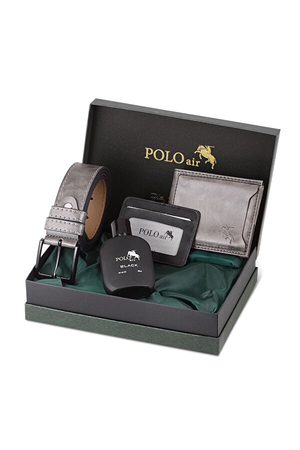 Kutulu Erkek Parfüm Kemer Cüzdan Kartlık Seti Gri