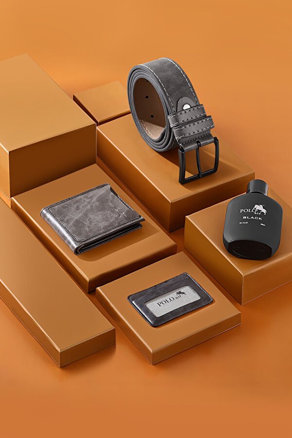 Kutulu Erkek Parfüm Kemer Cüzdan Kartlık Seti Gri