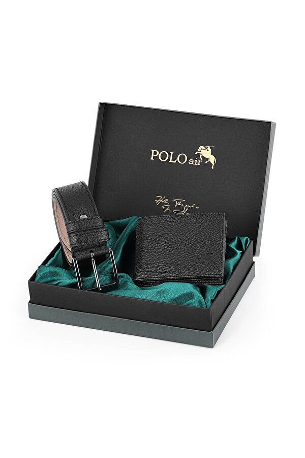 Logolu Klasik Erkek Cüzdan Kemer Seti Siyah Kombin  M-17-S