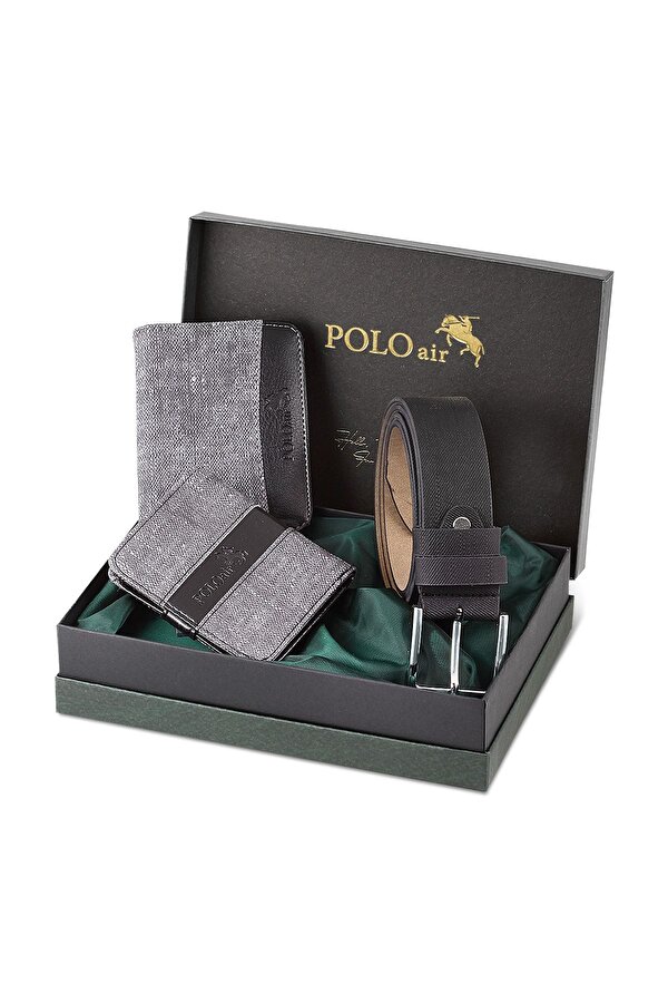 Kutulu Spor Gri Erkek Cüzdan Kemer Kartlık Seti