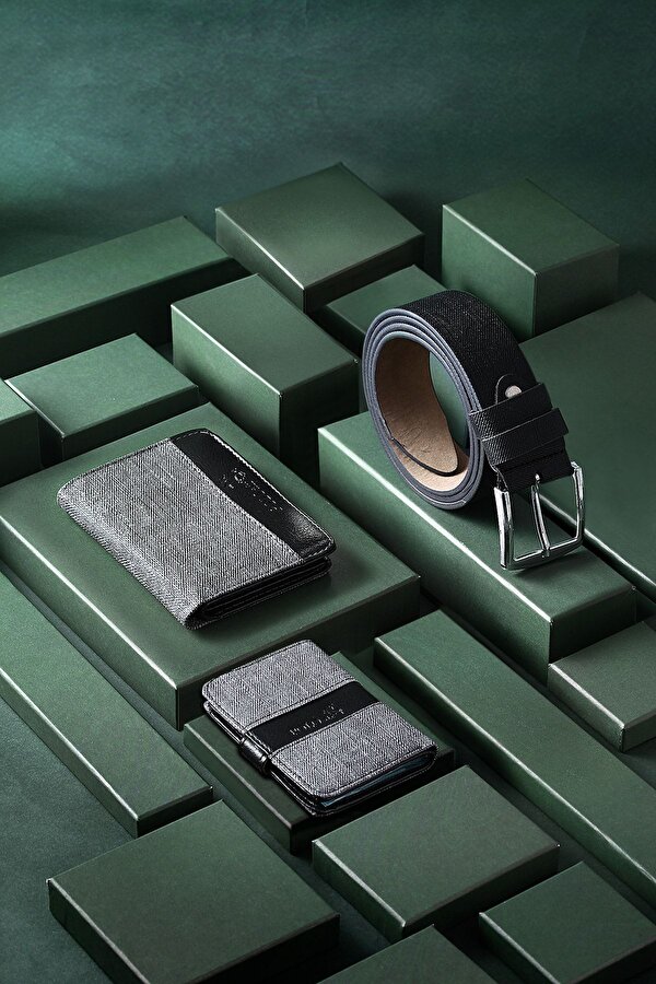 Kutulu Spor Gri Erkek Cüzdan Kemer Kartlık Seti