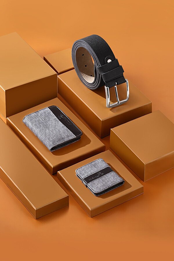 Kutulu Spor Gri Erkek Cüzdan Kemer Kartlık Seti