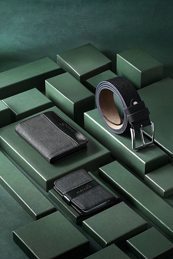 Kutulu Spor Siyah Erkek Cüzdan Kemer Kartlık Seti