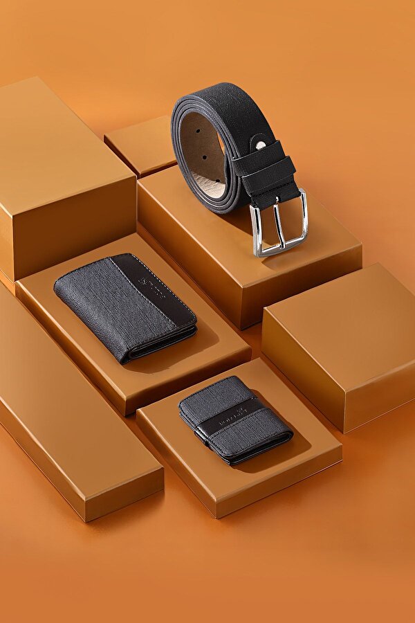 Kutulu Spor Siyah Erkek Cüzdan Kemer Kartlık Seti