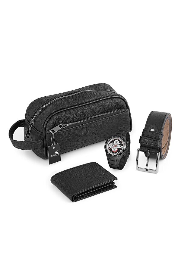 Erkek Kol Saati El Çantası Cüzdan Kemer Set Siyah Kombin PL-0875E1 Siyah