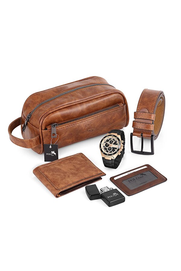 Erkek Kol Saati El Çantası Çakmak Cüzdan Kemer Kartlık Set Taba PL-0877E4