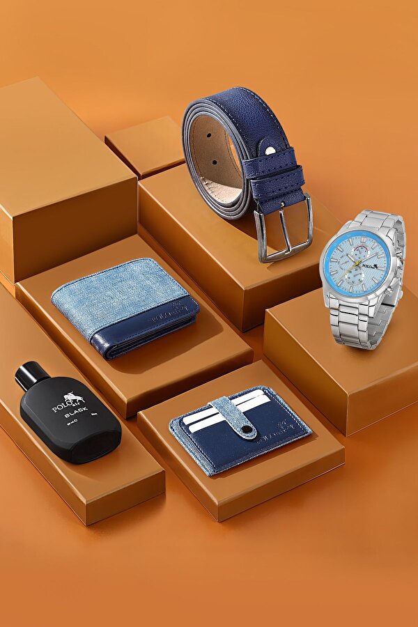 Erkek Kol Saati Parfüm Cüzdan Kemer Kartlık Kombin Set PL-0831E2