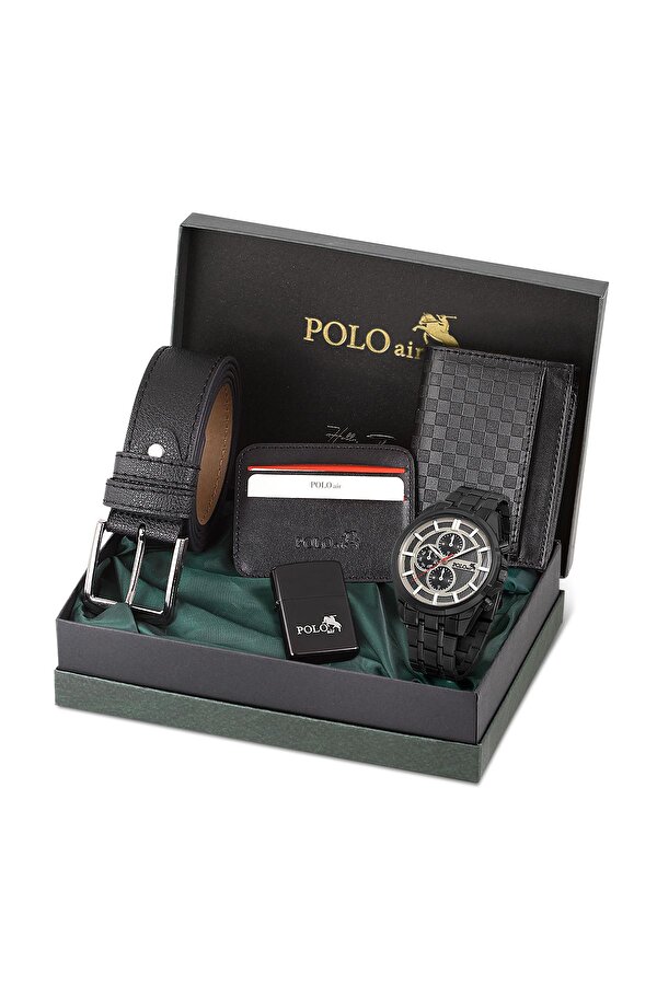 Erkek Kol Saati Cüzdan Kemer Kartlık Çakmak Kombin Siyah Set PL-0856E1