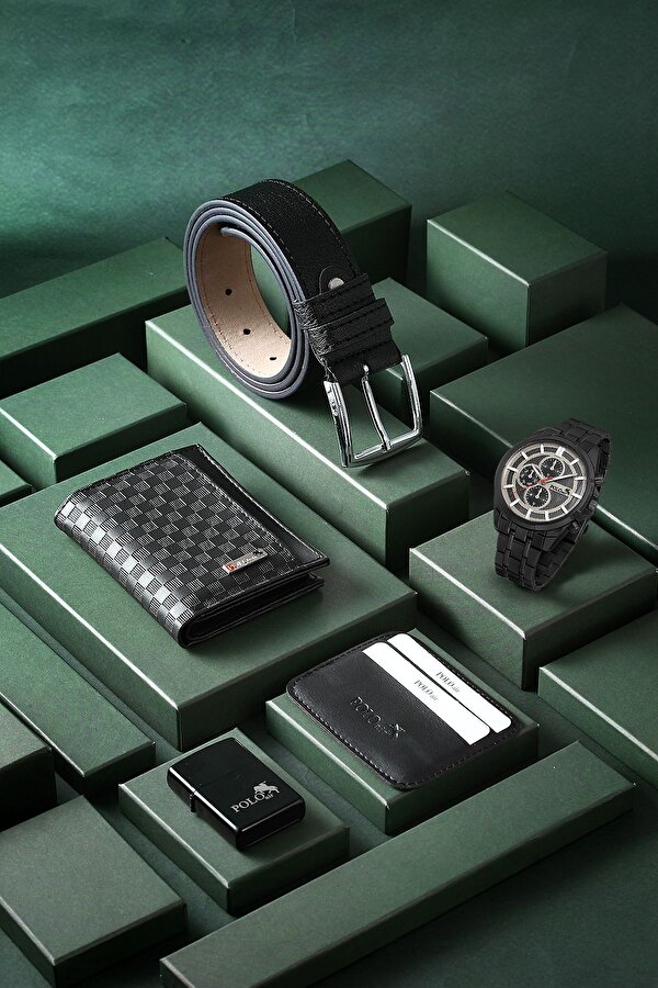 Erkek Kol Saati Cüzdan Kemer Kartlık Çakmak Kombin Siyah Set PL-0856E1