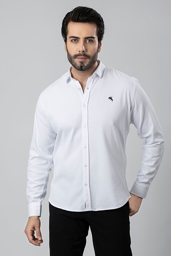 Erkek Gömlek Slimfit Likralı Kumaş Uzun Kol PA-180 Beyaz Renk Lacivert Logo