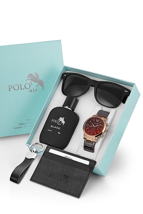 Erkek Kombin Set Kol Saati Gözlük Parfüm Kartlık Anahtarlık Özel Kutusunda Bakır