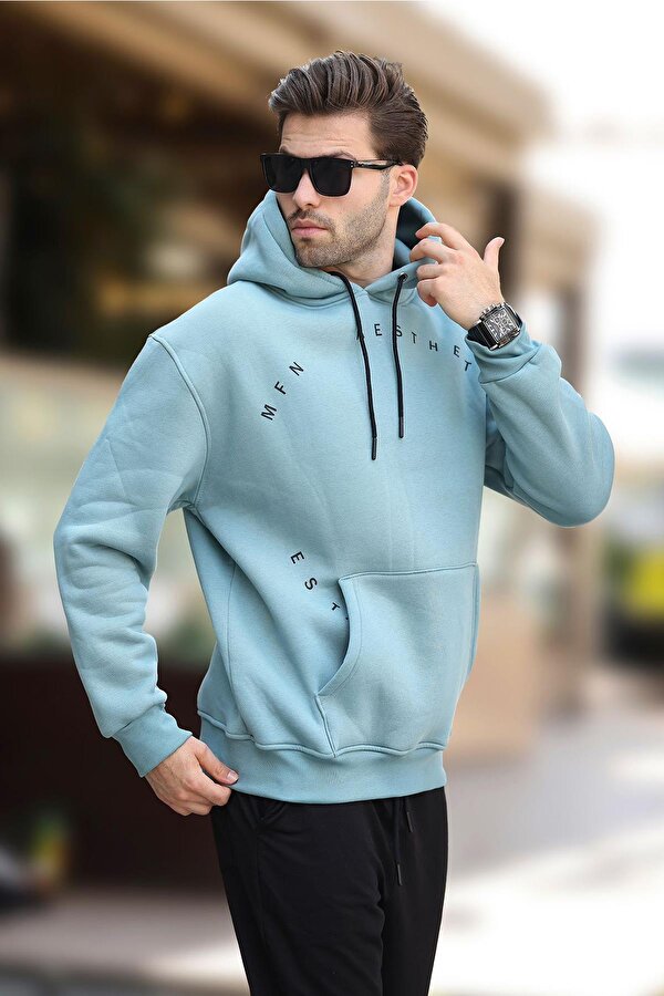 Mavi Kapüşonlu Cep Detaylı Nakışlı Erkek Sweatshirt 7054