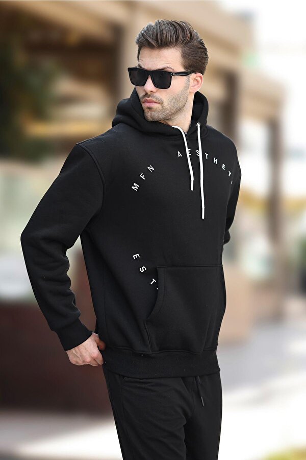 Siyah Kapüşonlu Cep Detaylı Nakışlı Erkek Sweatshirt 7054
