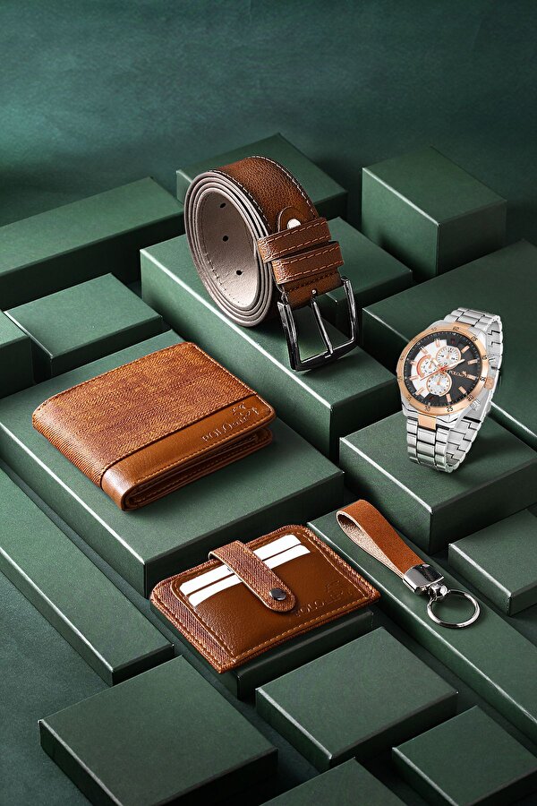 Erkek Kol Saati Kemer Cüzdan Kartlık Anahtarlık Kombin Set Kahverengi Renk PL-0789E7