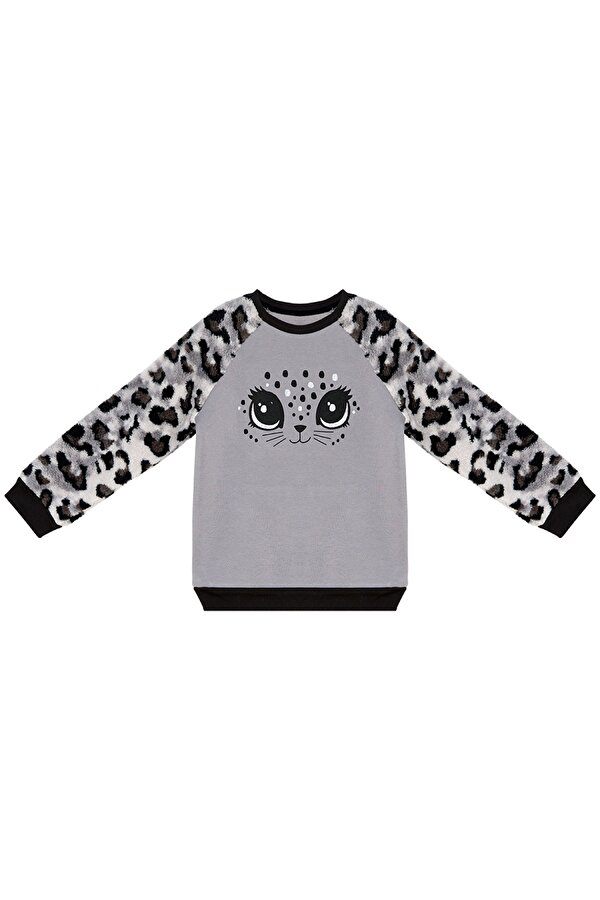 Leopar Peluş Kız Çocuk Sweatshirt