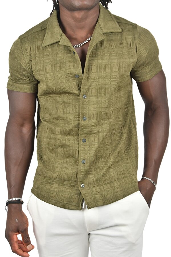 DeepSEA Erkek Haki Kabartma Desenli Slim Fit Likralı Kısa Kollu Penye Gömlek 2403222