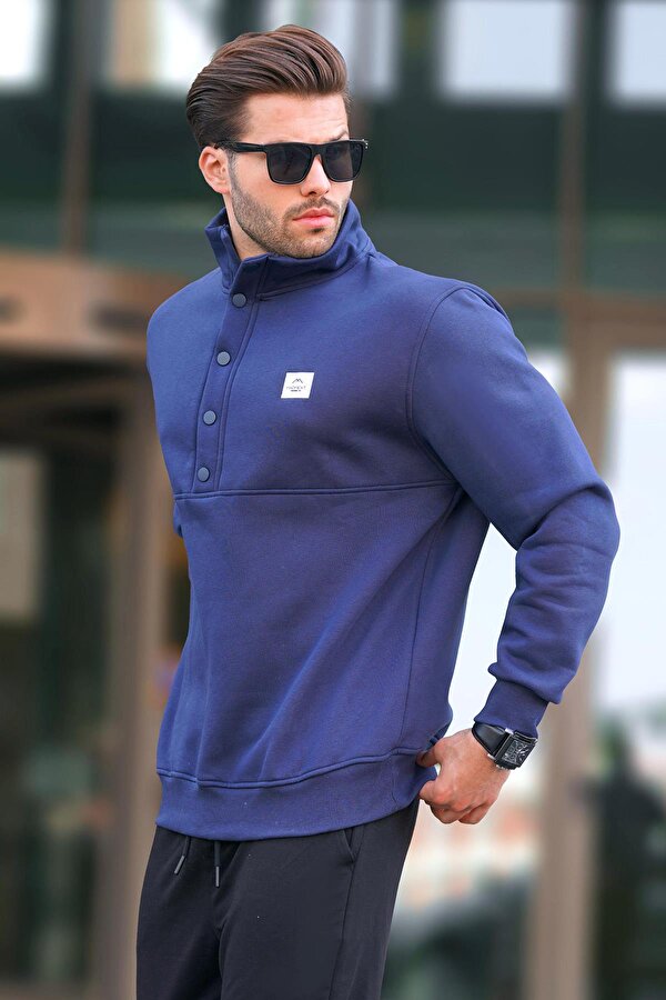 Lacivert Dik Yakalı Düğme Detaylı Erkek Sweatshirt 7060