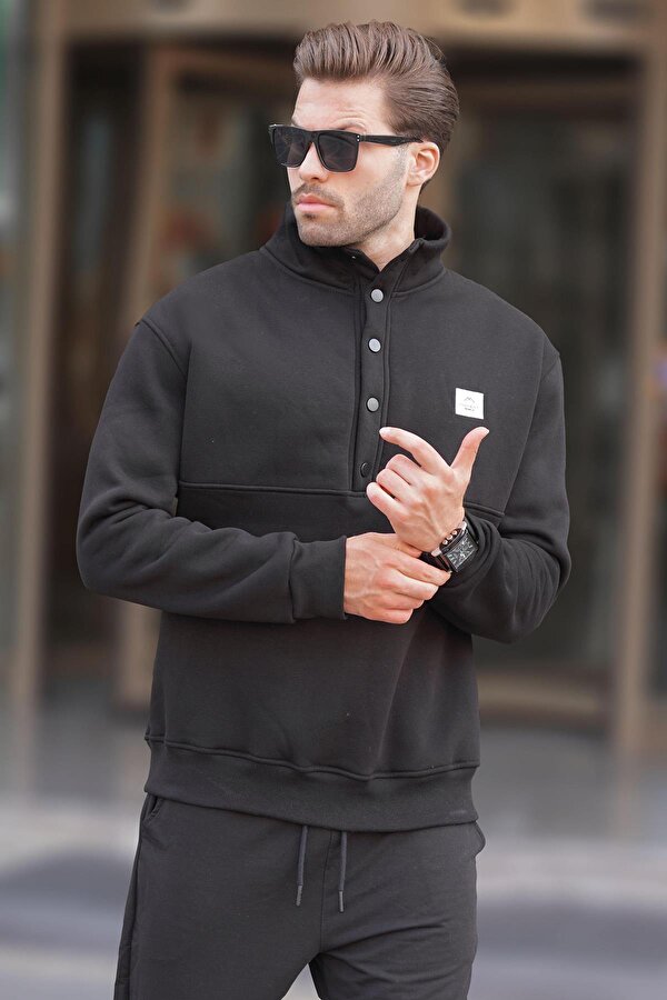 Siyah Dik Yakalı Düğme Detaylı Erkek Sweatshirt 7060