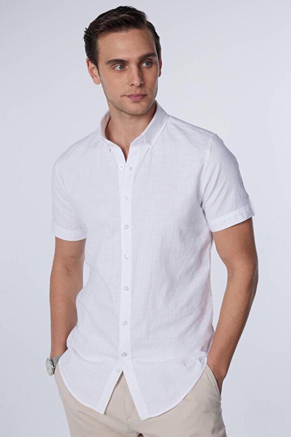 Erkek Slim Fit Dar Kesim Kısa Kollu %100 Pamuk Keten Doku Beyaz Düğmeli Yaka Gömlek