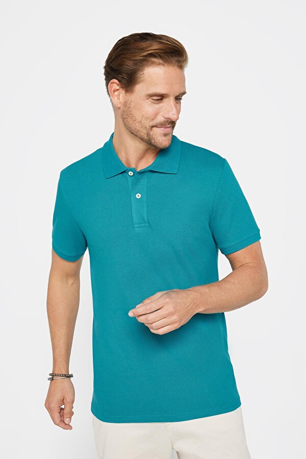 Erkek Slim Fit Dar Kesim %100 Pamuk Düz Pike Mavi Polo Yaka Tişört