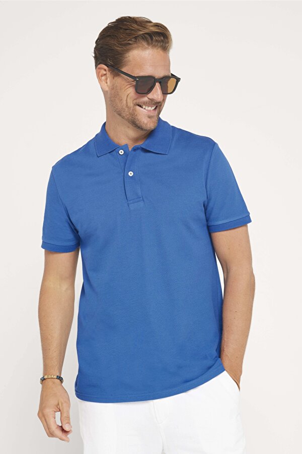 Erkek Slim Fit Dar Kesim %100 Pamuk Düz Pike İndigo Polo Yaka Tişört