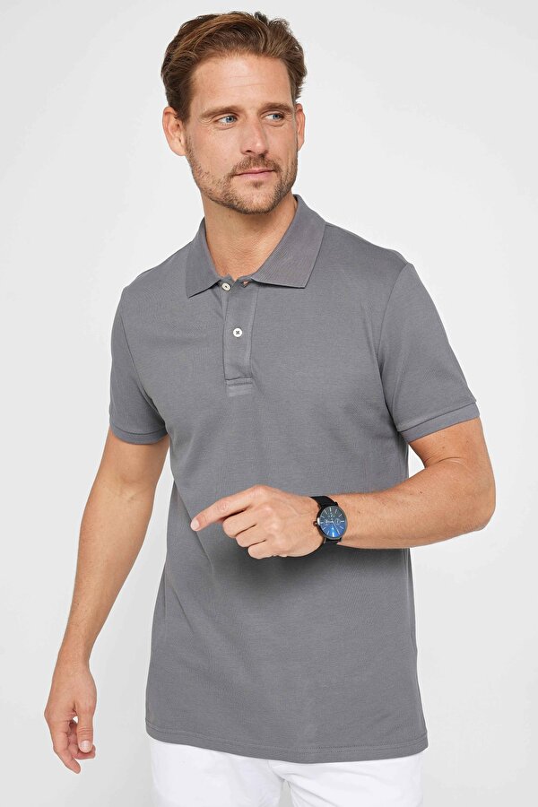 Erkek Slim Fit Dar Kesim %100 Pamuk Düz Pike Füme Polo Yaka Tişört