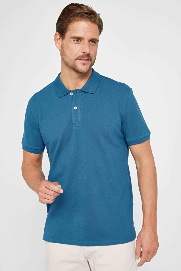 Erkek Slim Fit Dar Kesim %100 Pamuk Düz Pike Petrol Renk Polo Yaka Tişört