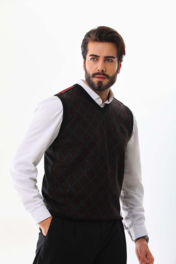 Erkek V Yaka Desenli Süveter 9614 Bordo