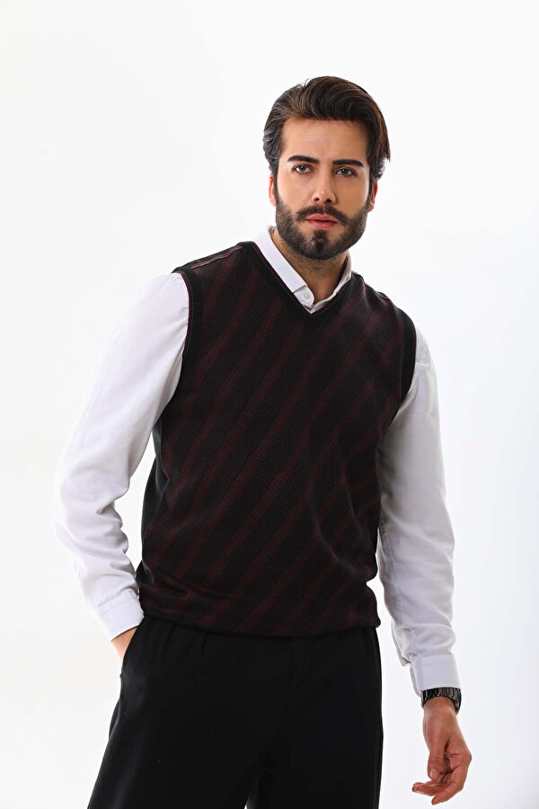 Erkek Çizgili V Yaka Süveter 9625 Bordo