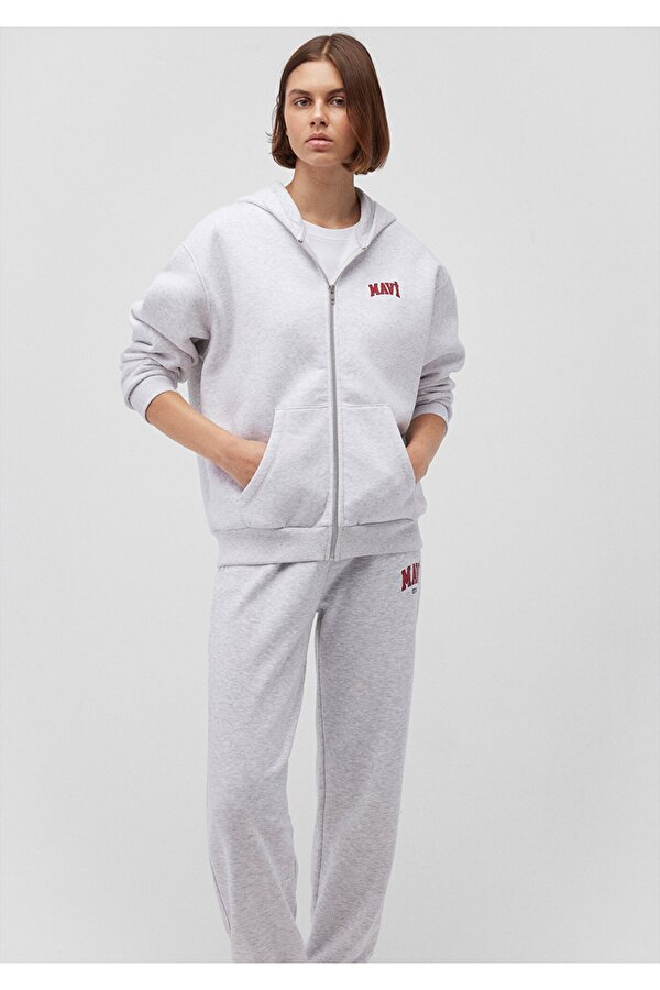 Logo Baskılı Kapüşonlu Fermuarlı Gri Sweatshirt